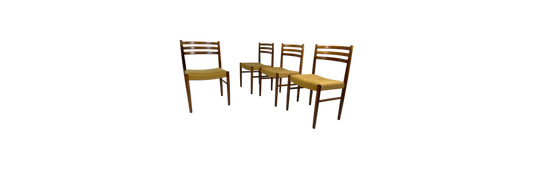 Set Of Four Danish Mid Century Rosewood Dining Chairs With Yellow Fabric Seats