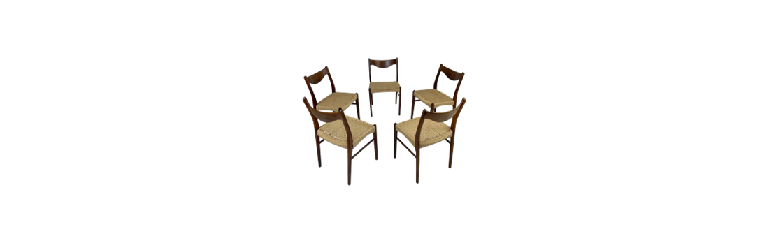 Arne Wahl Iversen Set Of Five Rosewood Dining Chairs With New Paper Cord Seats