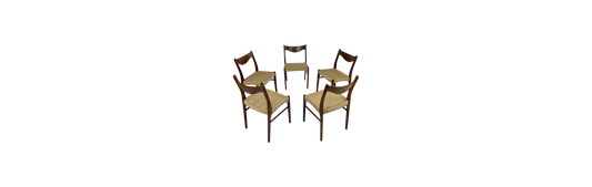 Arne Wahl Iversen Set Of Five Rosewood Dining Chairs With New Paper Cord Seats