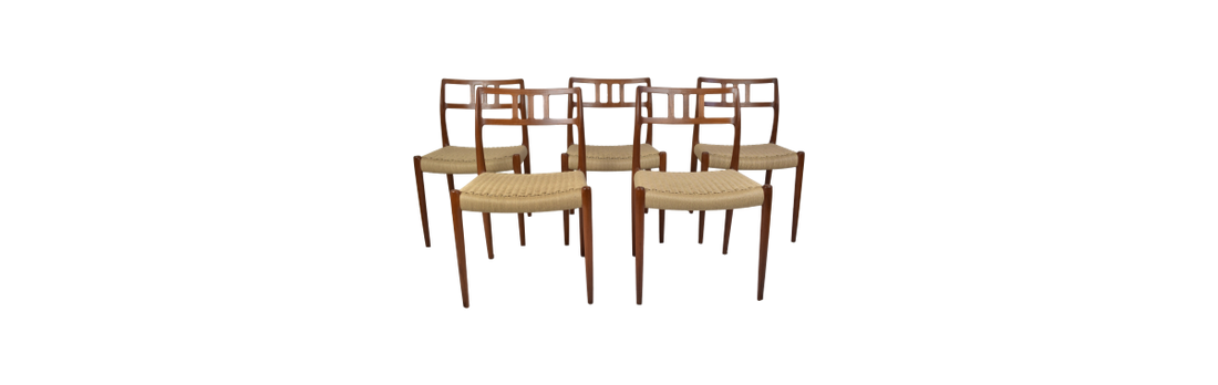 Five model 79 teak dining chairs by Niels O. Møller