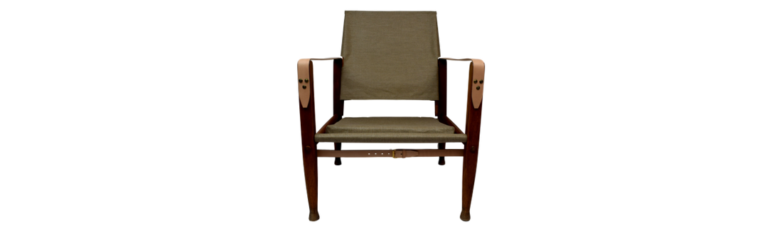 Canvas upholstery and full grain leather straps for the Kaare Klint safari chair