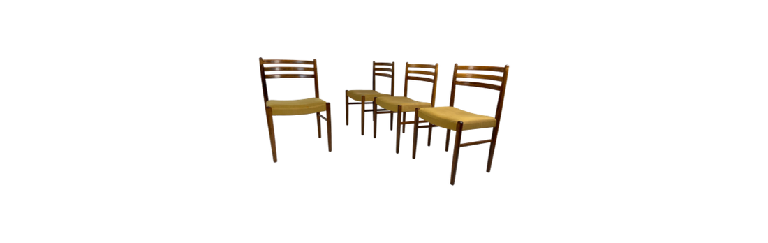 Set Of Four Danish Mid Century Rosewood Dining Chairs With Yellow Fabric Seats